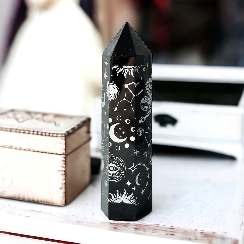 BLACK Obsidian Silver Cosmic Symbols Protection Crystal Obelisk Towers
